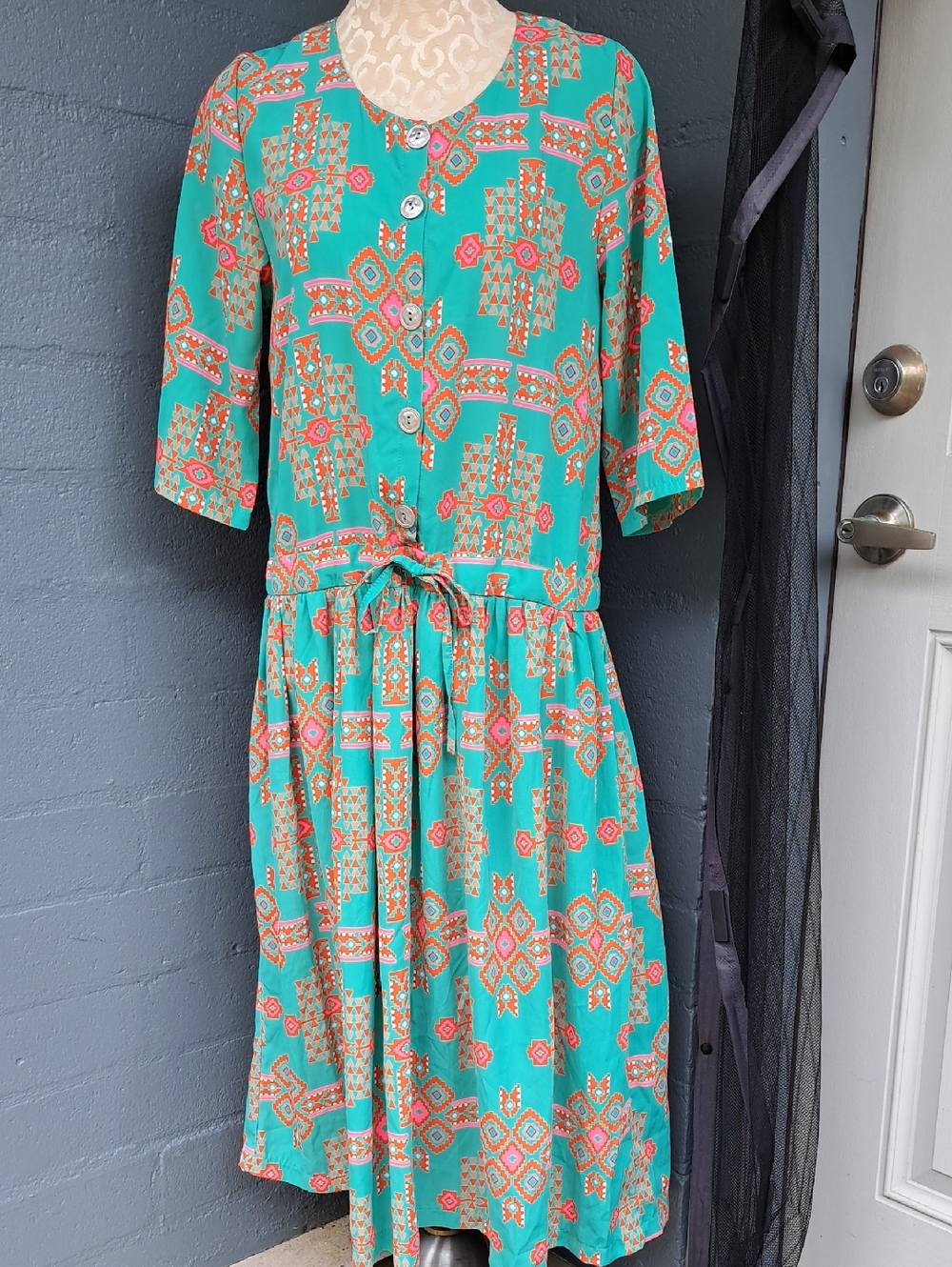 RPrince Turquoise Dress with Orange and Pink Aztec Print Size Small